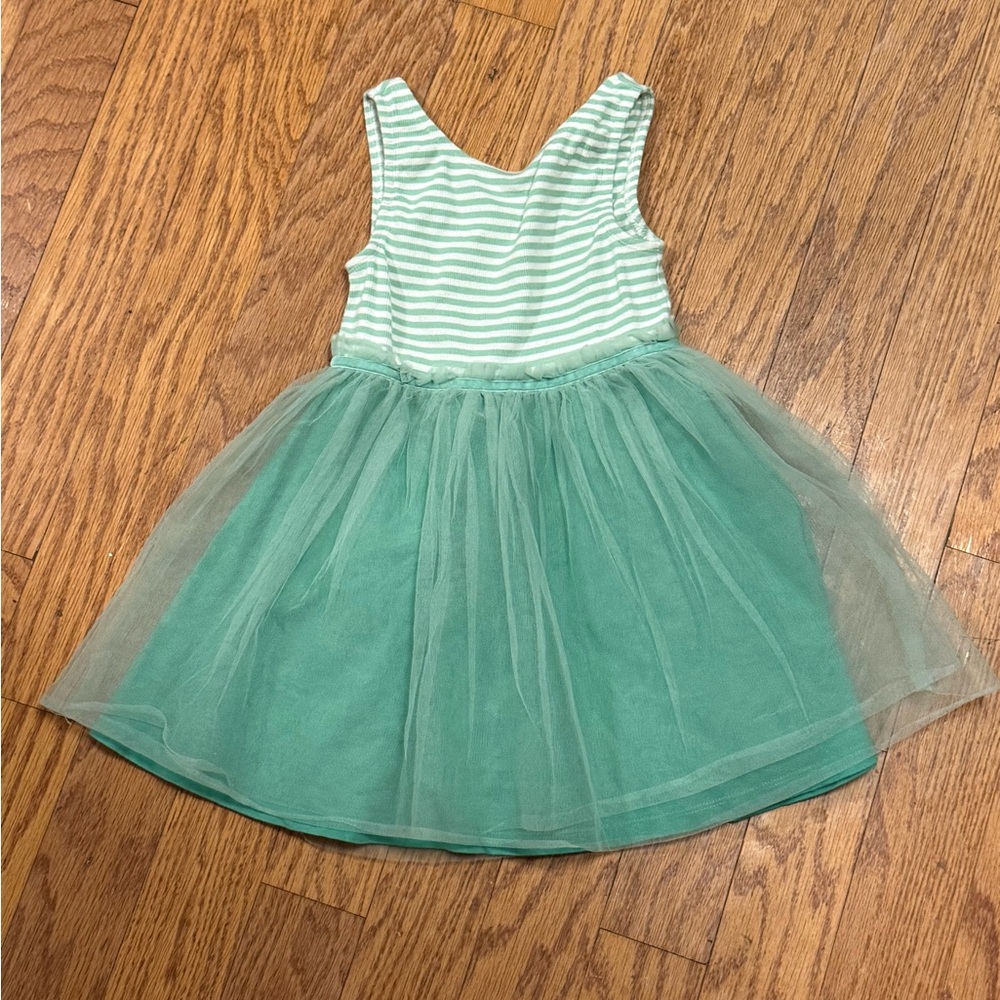 MINI BODEN Kids' Jersey Tulle Mix Dress Pistachio Green / Ivory Stripe Size 4/5